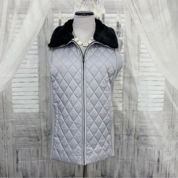 Jones New York Jackets & Blazers - Jones New York Size XL Gray Black Puffer Faux Fur Collar Vest Quilted Zip Jacket
